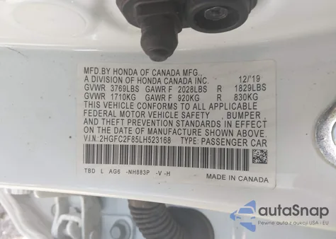 2020 Honda Civic Sport z USA, uszkodzony, nr VIN 2HGFC2F85LH523168